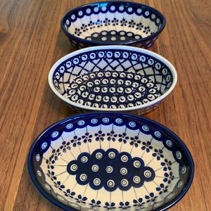 Trio of Polish Pottery Boleslawiec Handmade Oval Snack/Condiment Bowls